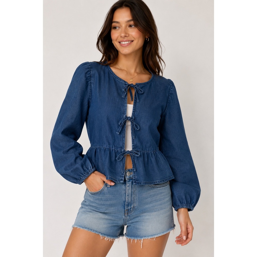 Sim & Sam Women Medium Wash Denim Tie Front Peplum Puff Sleeve Jacket Top M